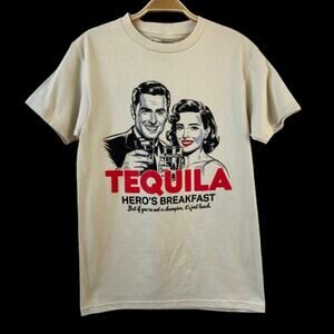 BrandMakers Y2K Retro Graphic T-shirt Men S Cream Tequila Breakfast Print Tee